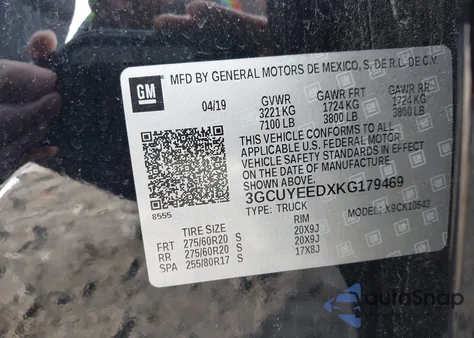 2019 Chevrolet Silverado K1500 Rst из США, поврежденный, VIN 3GCUYEEDXKG179469